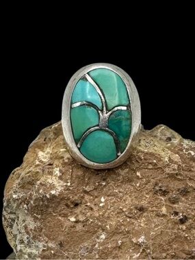 Zuni Native American Handmade Sterling Silver Turquoise Fish Scale Mens Ring 8.5